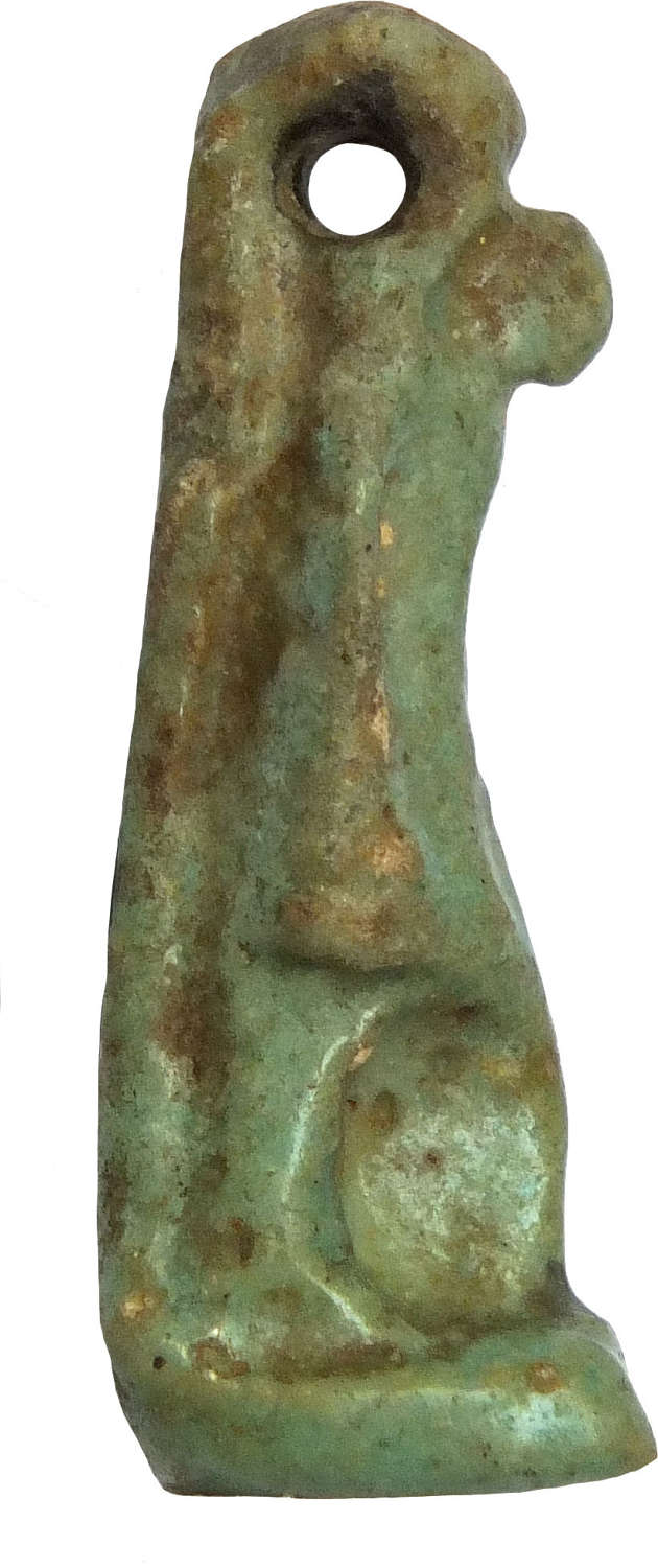 An Egyptian blue-green faience amulet of ?Thoth, c. 600 B.C.