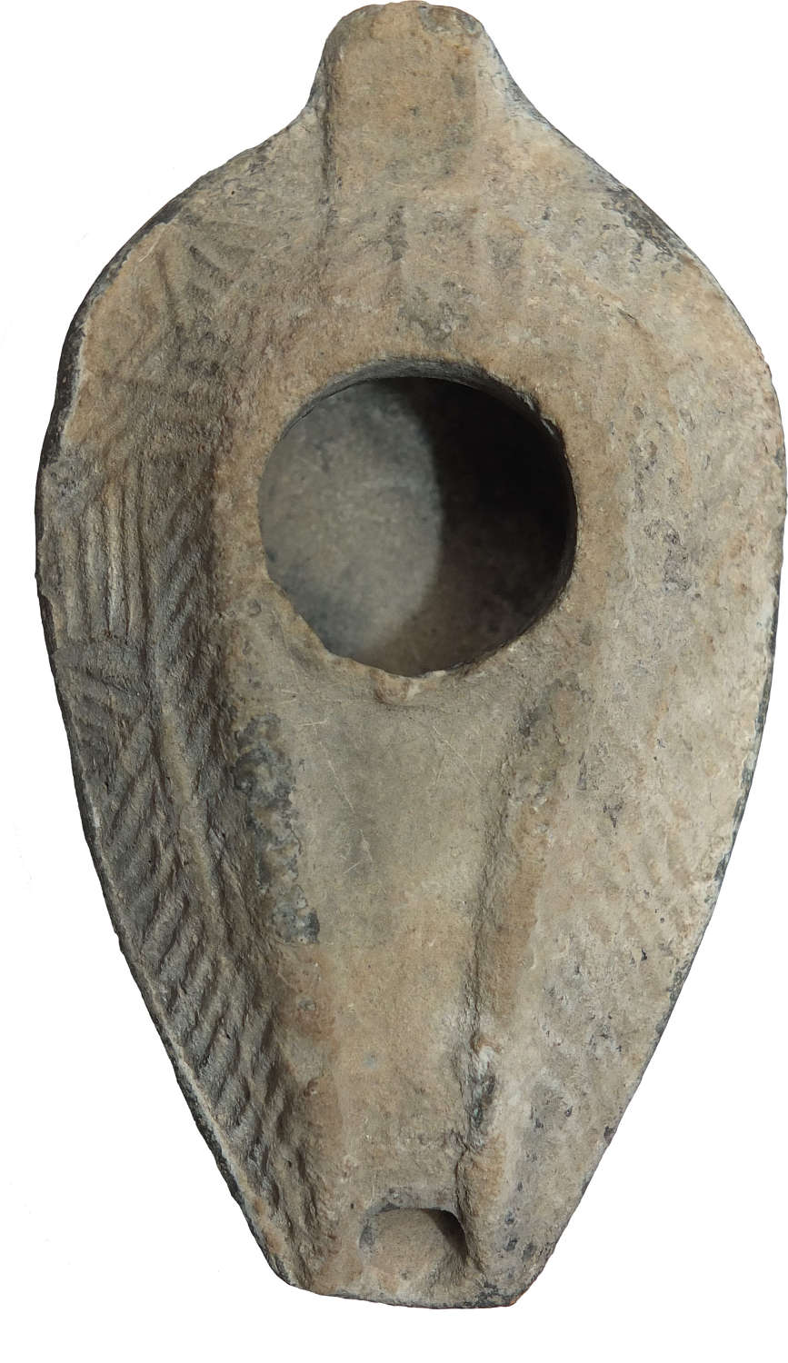 A grey-fawn Syro-Palestinian oil lamp, c. 500–700 A.D.