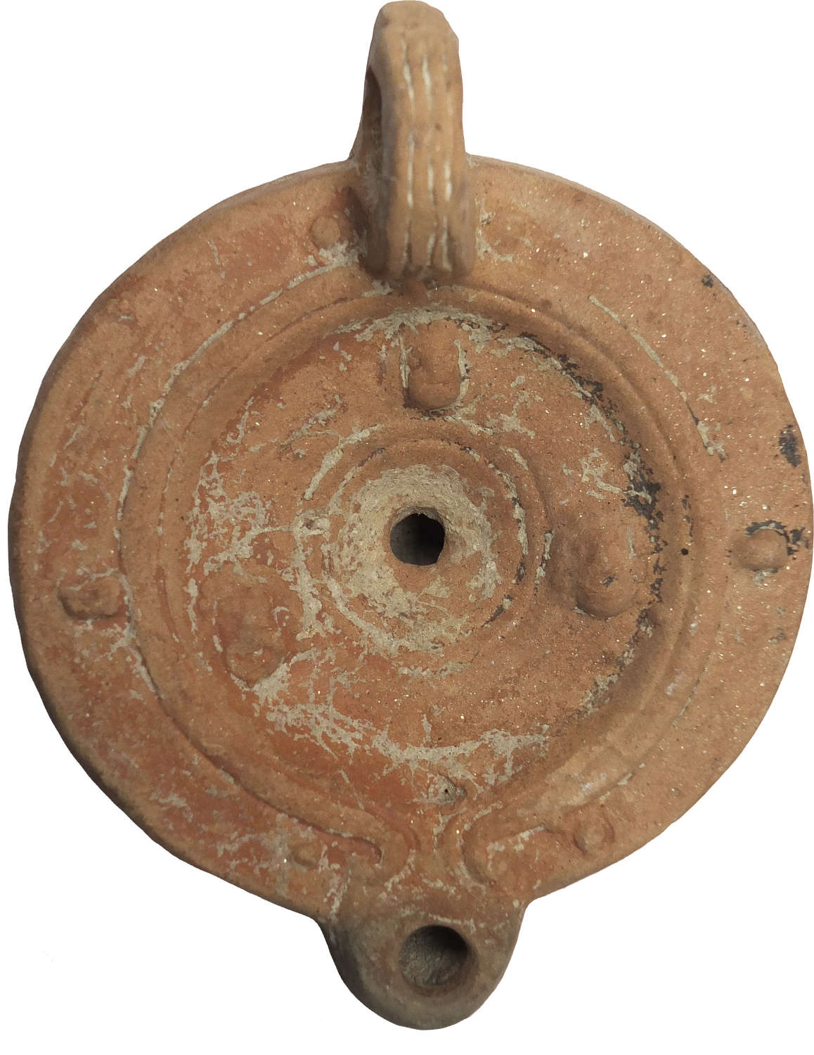 A Roman pottery oil lamp, c. 90-130 A.D.