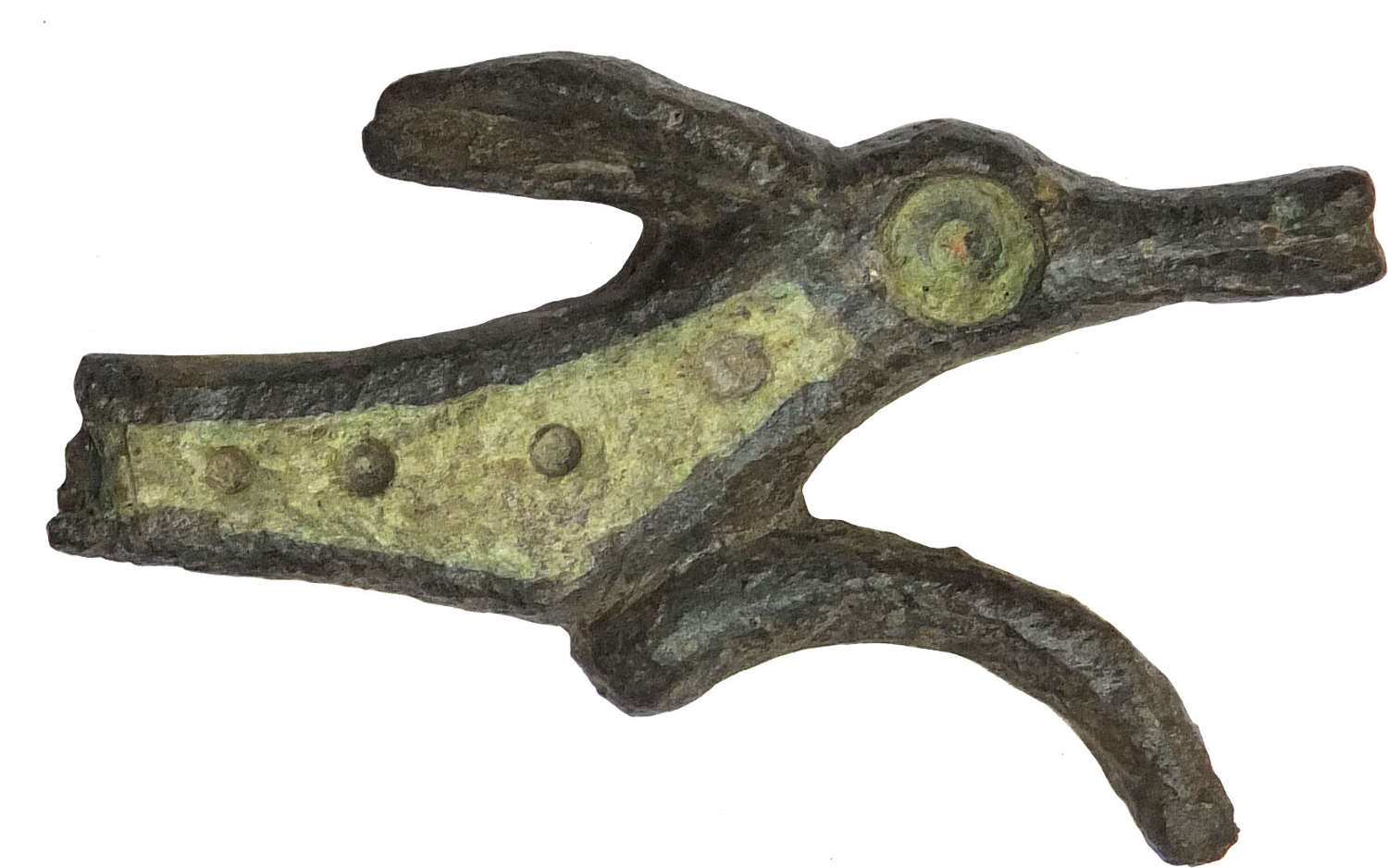 A fragmentary Roman bronze brooch in the form of a running dog