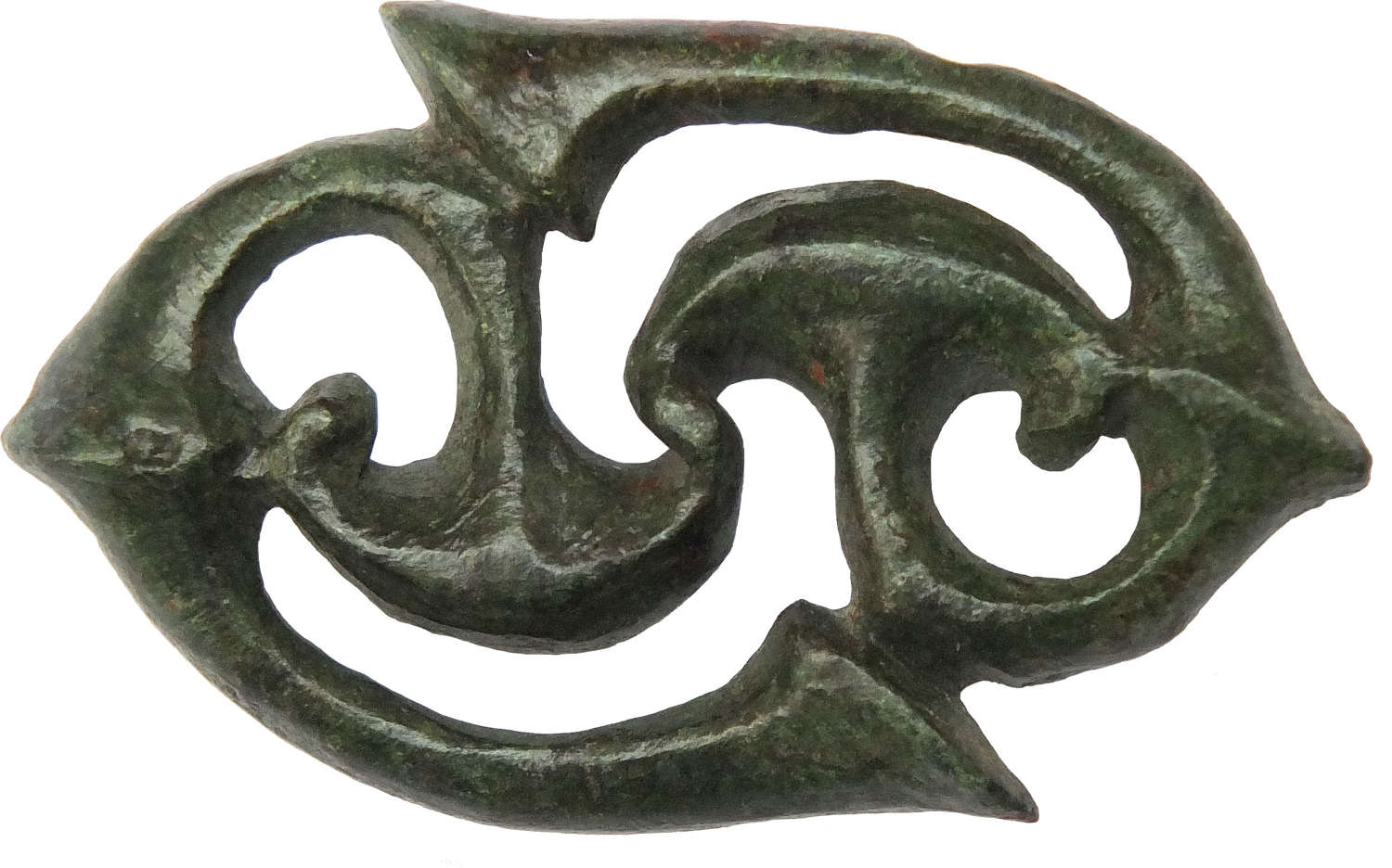 A Celtic bronze brooch in the form of conjoined war trumpets