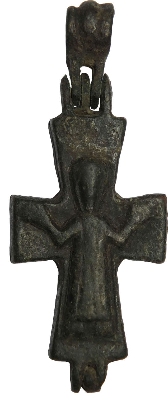 A complete Byzantine bronze reliquary cross, c. 10th-12th Century A.D.