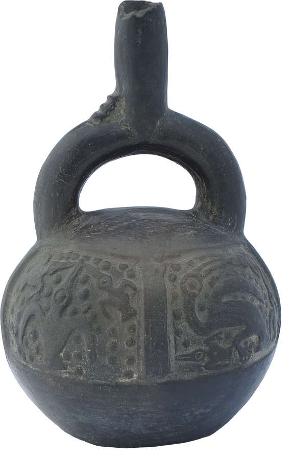 A Chimu burnished black pottery stirrup vessel, Peru, c. 900-1400 A.D.