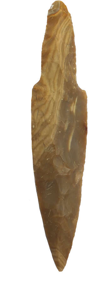 A Mayan banded brown flint stemmed macro blade dagger