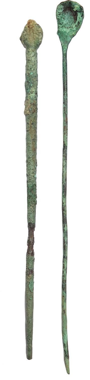 A Roman bronze scoop and dress pin, c. 1st - 4th Century A.D.