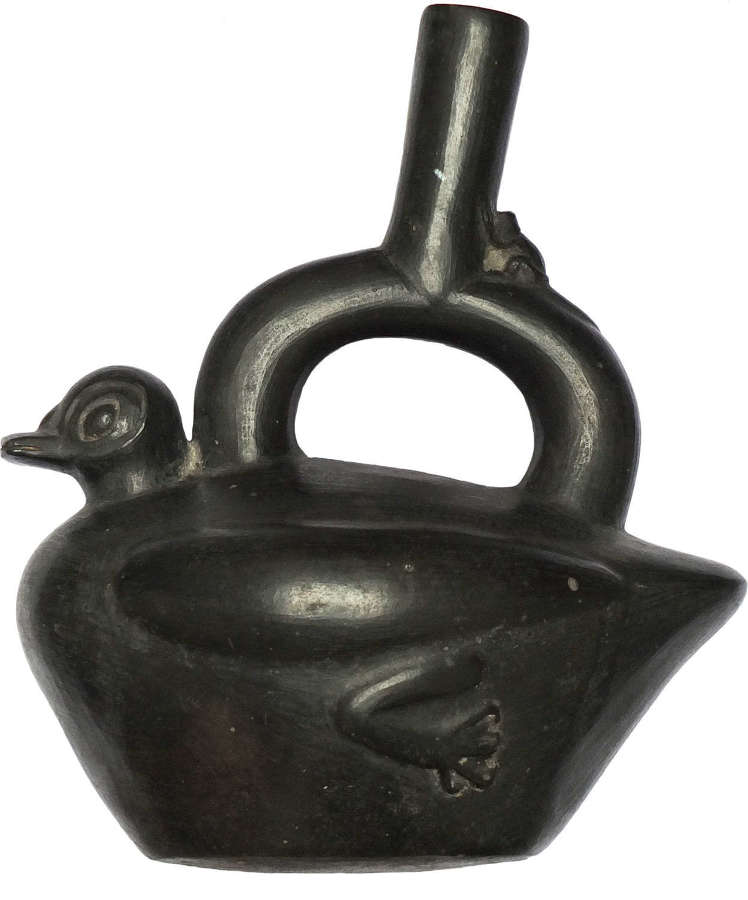 A Chimu black ware stirrup vessel in the form of a duck, Peru