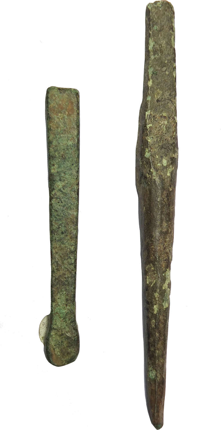 Two Late Bronze Age bronze tools, an awl and a chisel, 1150-800 B.C.