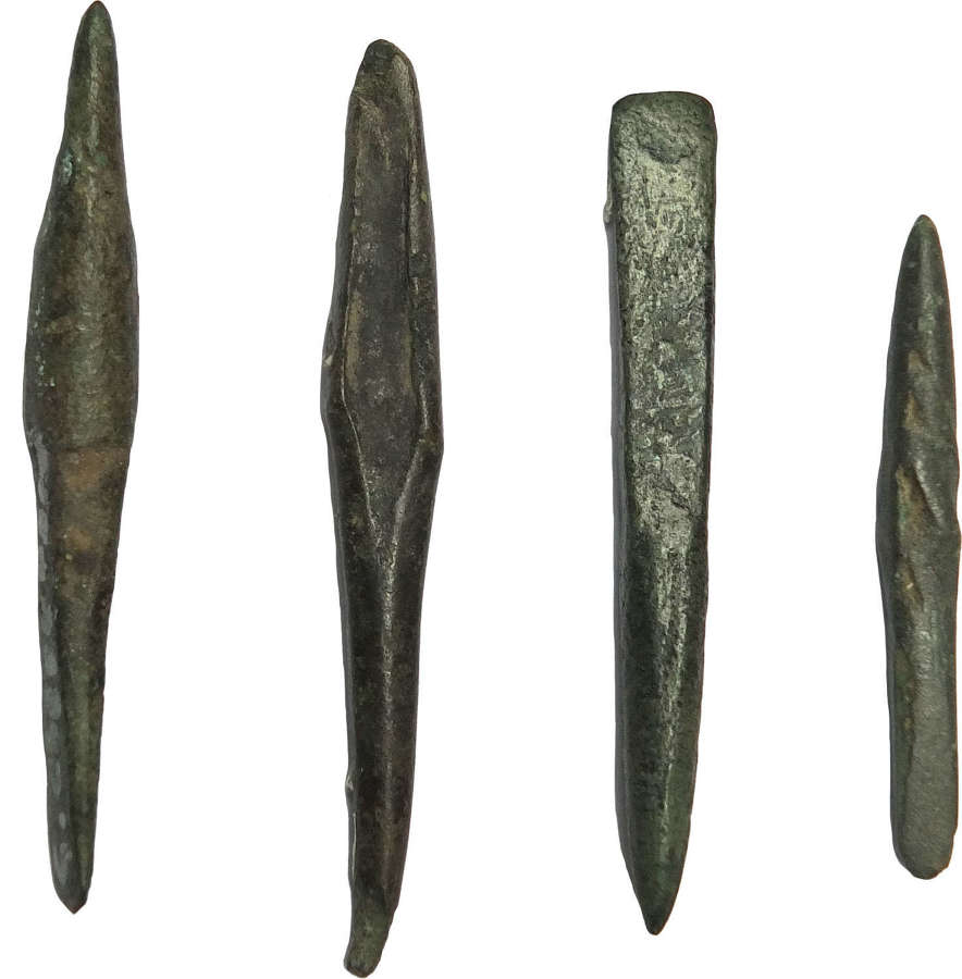 Four Late Bronze Age bronze awls or punches, 1150-800 B.C.