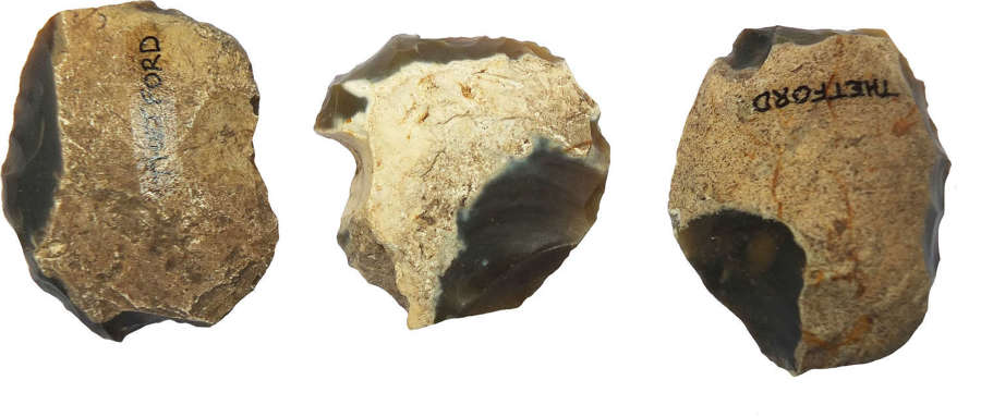 A group of three Neolithic flint scrapers from Thetford, Norfolk