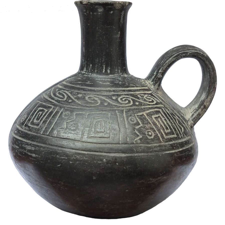 A squat Chimu blackware bottle, Peru, c. 900-1400 A.D.