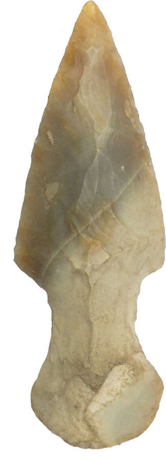 A flint triangular arrowhead of unusual form with a long splayed tang