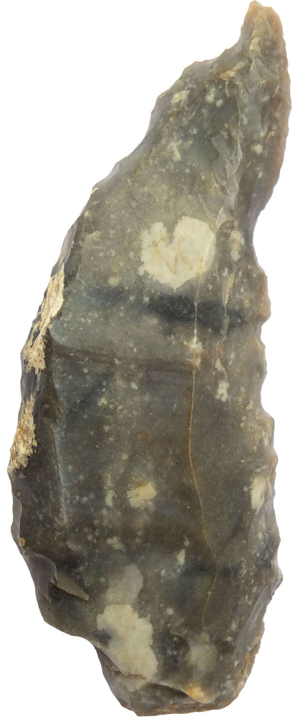 A Neolithic mottled grey flint awl found in the Yorkshire Wolds