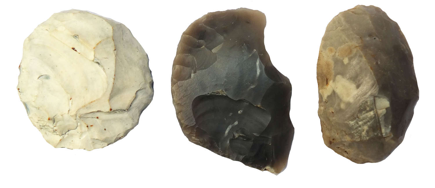 A group of three Neolithic grey flint tools from Suffolk