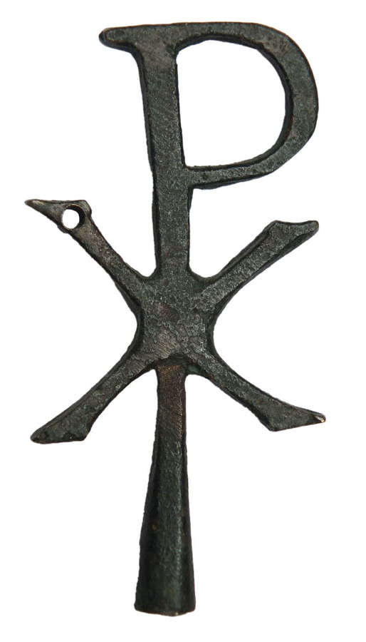 A Byzantine bronze Chi Rho christogram, probably from an oil lamp